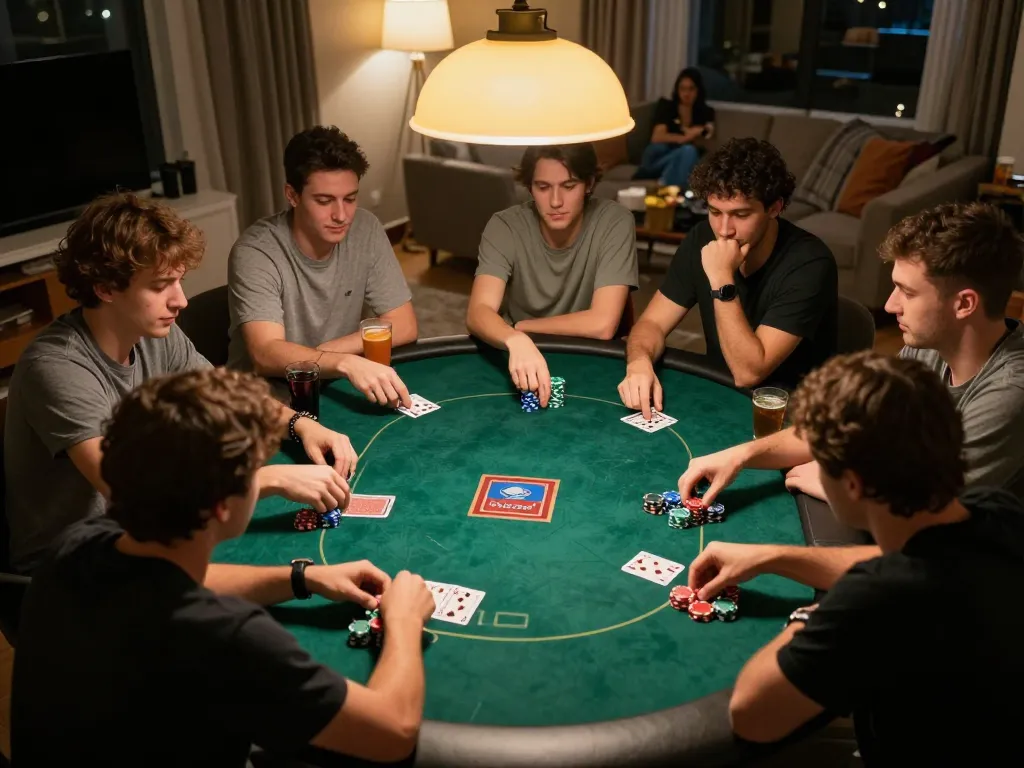 Players strategizing during a home poker game night while exploring trang uu88 options.