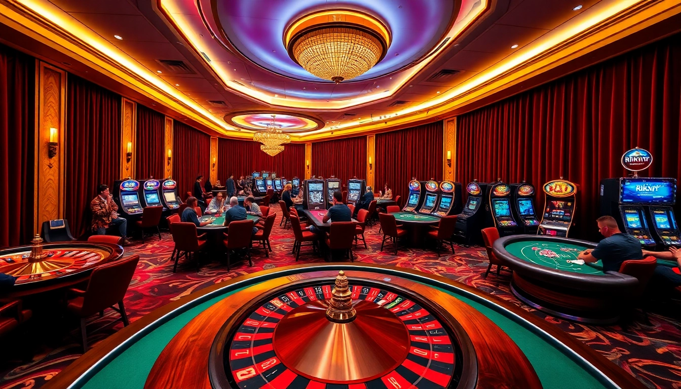 Rikvip players at intense poker tables in a luxurious casino setting, showcasing vibrant gaming thrills.