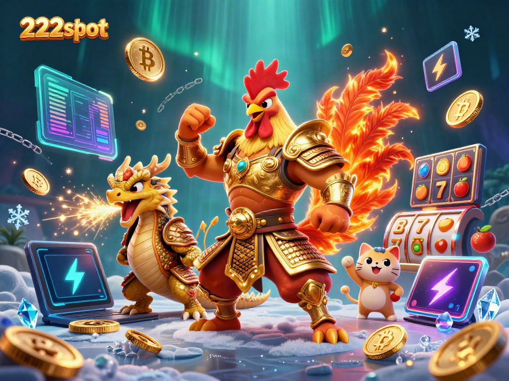 Gambarlah 222slot dengan karakter ayam jantan bersenjata dan naga, simbol slot, dan koin crypto.