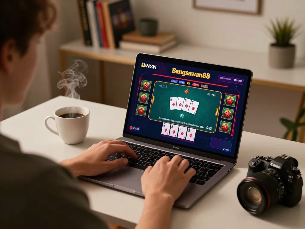 Bangsawan88 player engaging in an online casino game with strategic poker action visible on the screen.