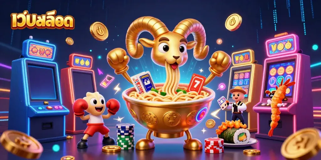 ภาพการ์ตูน 3D ที่แสดงให้เห็น เว็บสล็อต พร้อมสัญลักษณ์แห่งโชคลาภ