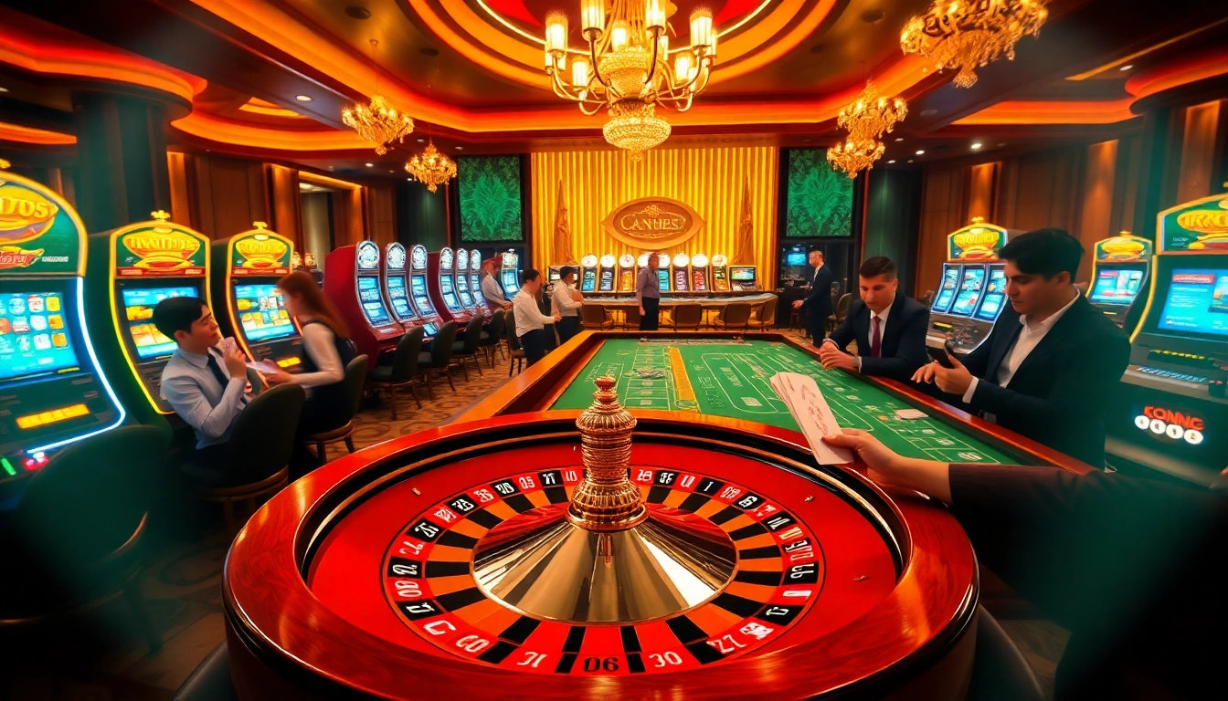Experience the excitement of Nhà cái KONG88 at a vibrant casino with roulette and poker tables.