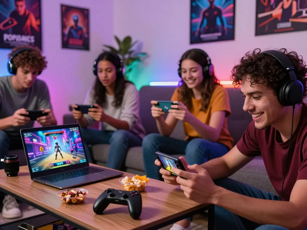 Young adults enjoying engaging porngames on laptops and smartphones in a lively living room.
