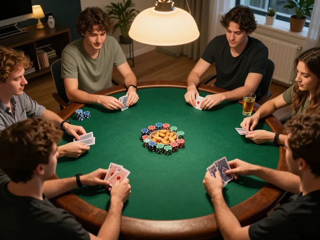 Players enjoying a friendly poker night at home, showcasing F8BET strategy and camaraderie.
