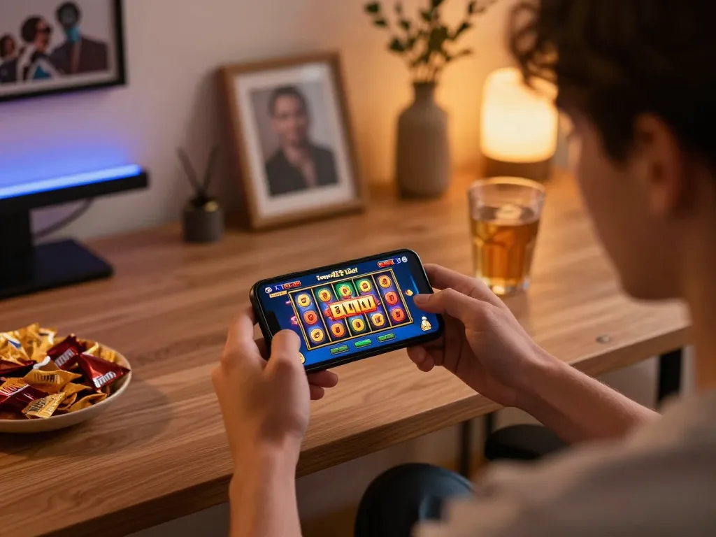 Permainan yang menarik dengan Slot Tempo123 di smartphone dalam pengaturan rumah yang nyaman, menampilkan grafis yang hidup dan kemenangan besar.