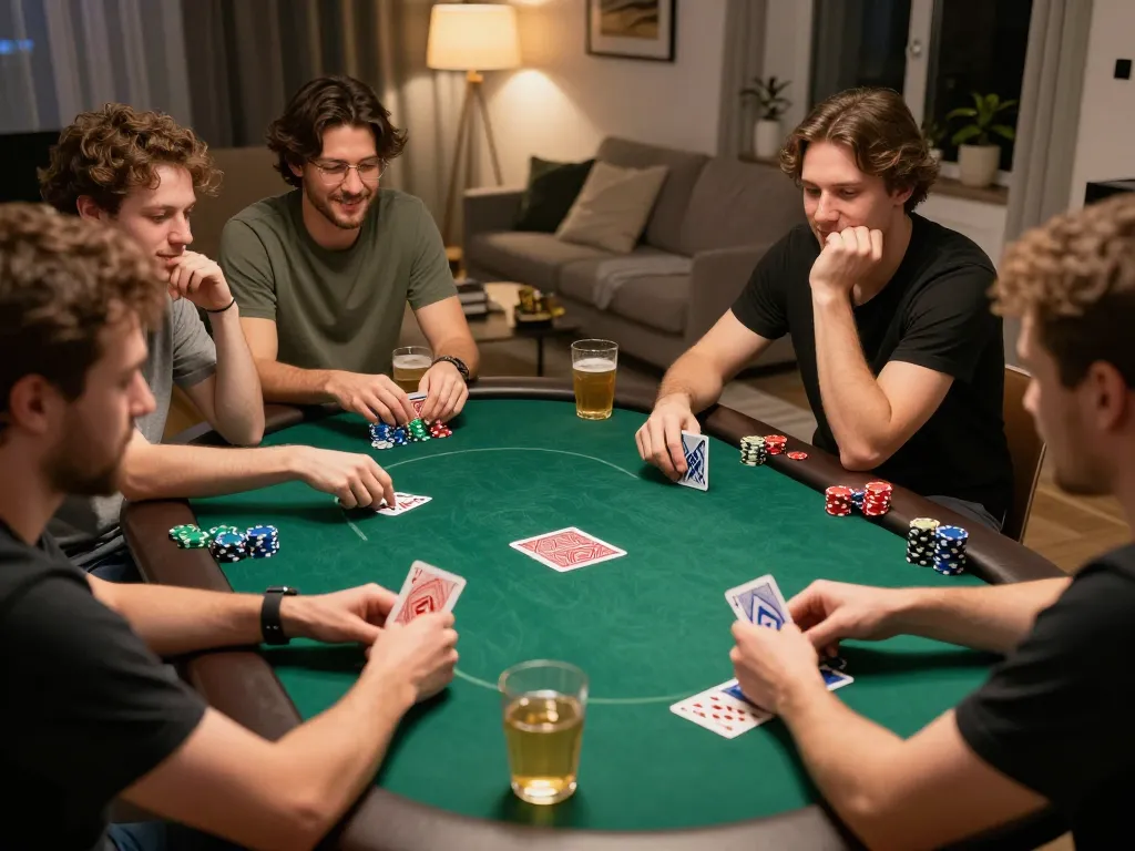 Friends enjoying poker night at home, showcasing engagement and strategy at FAFA 828